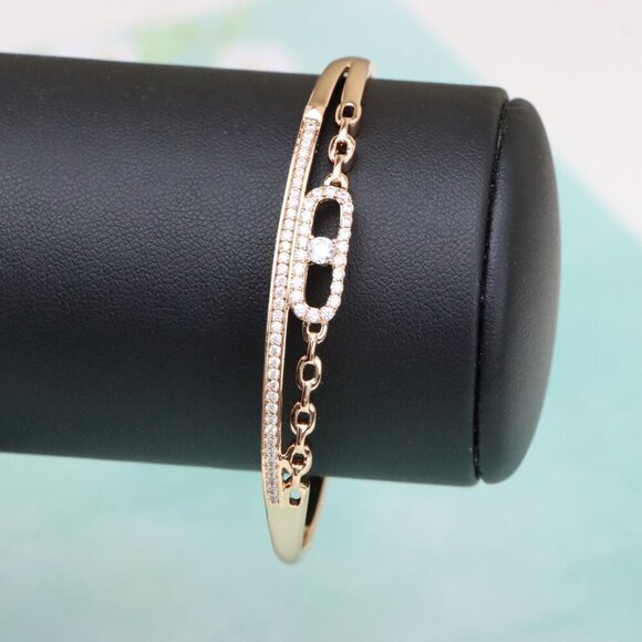 Elegant Chain Link Rose Gold Bangle with Pave Stone Center, XPBL0446 - Picture 9 of 11